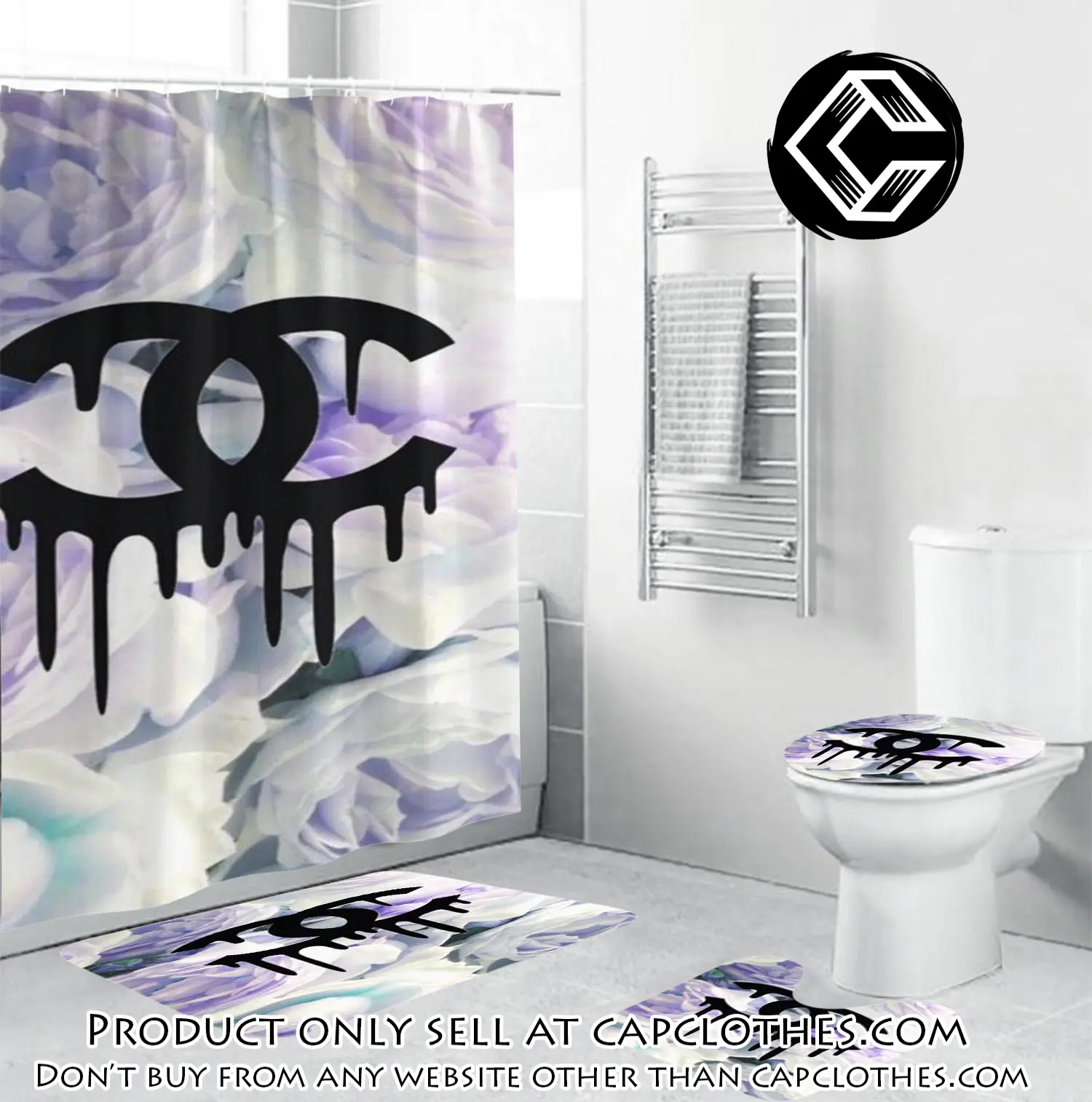 Coco chanel black dripping logo in floral background bathroom set shower curtain cc4222735